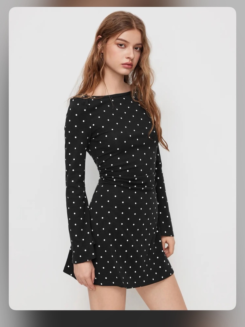 COTTON-BLEND BOAT NECK POLKA DOT RUCHED BELL SLEEVE MINI DRESS XS